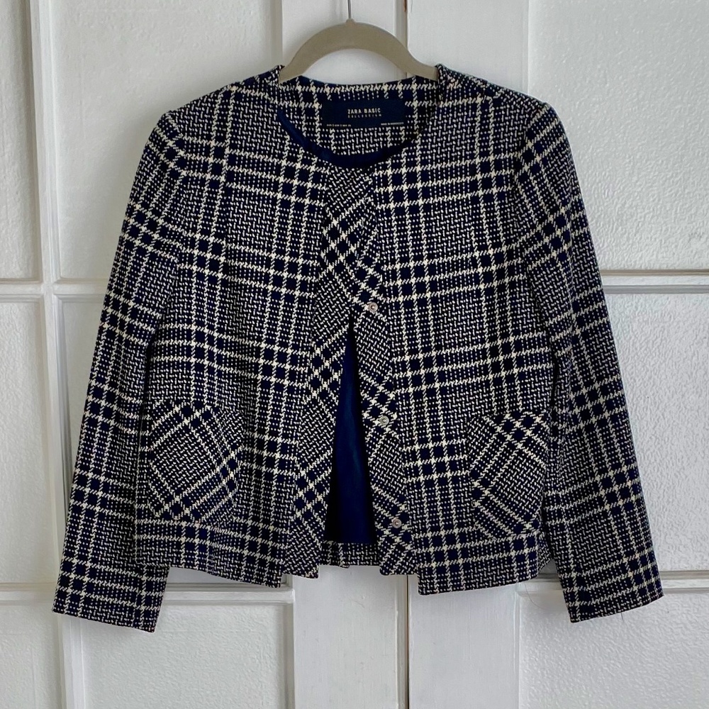 Women's Zara Cropped Plaid Navy Jacket Size S